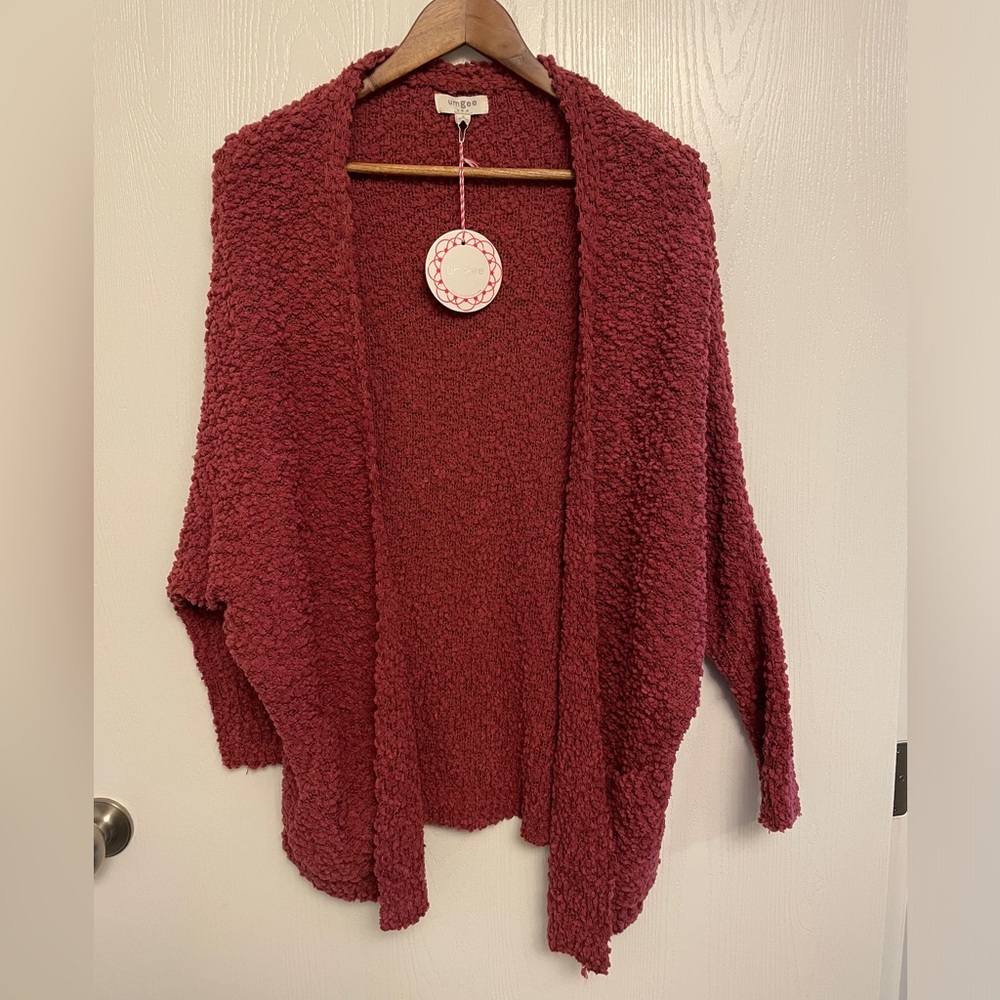 UMGEE USA Small Burgundy Popcorn Knit Open Front Cardigan with Pockets